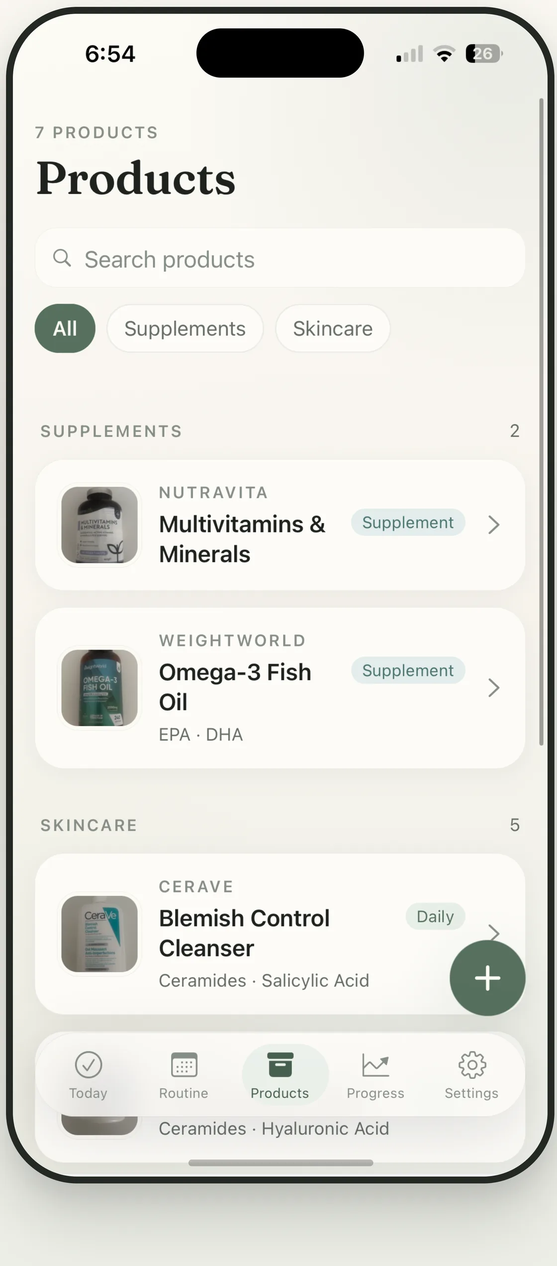 The Products screen: supplements and skincare grouped on one shelf.