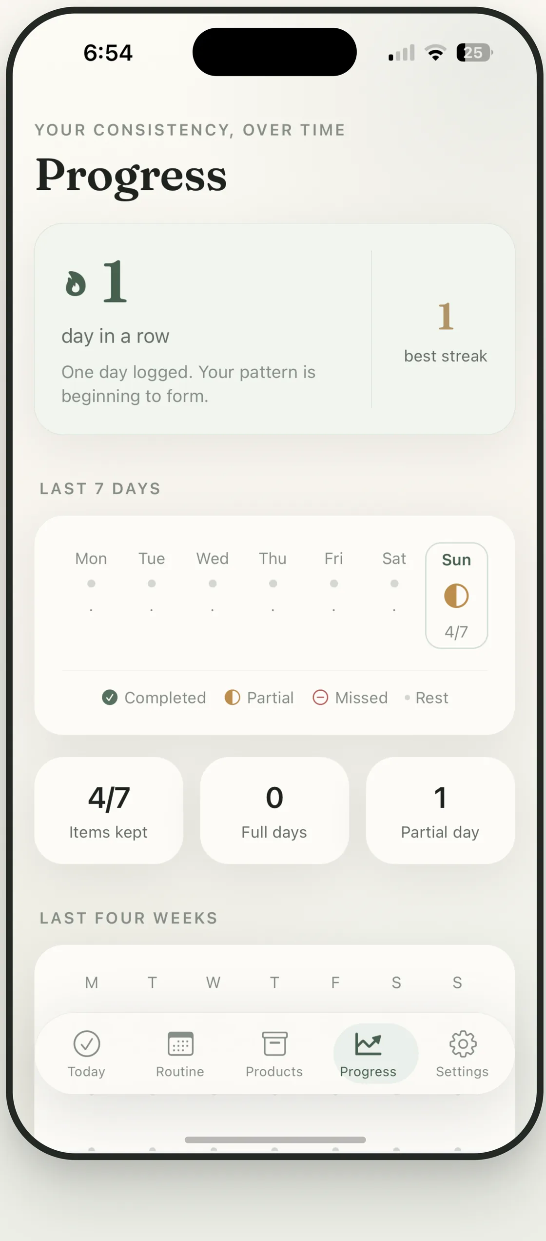 The Progress screen: a streak, the last seven days, and items kept.